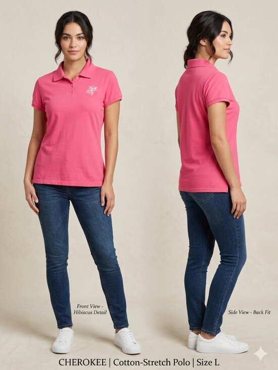 Cherokee Tops - Cherokee Pink Hibiscus Embroidered Women's Polo Shirt - Women's Size L